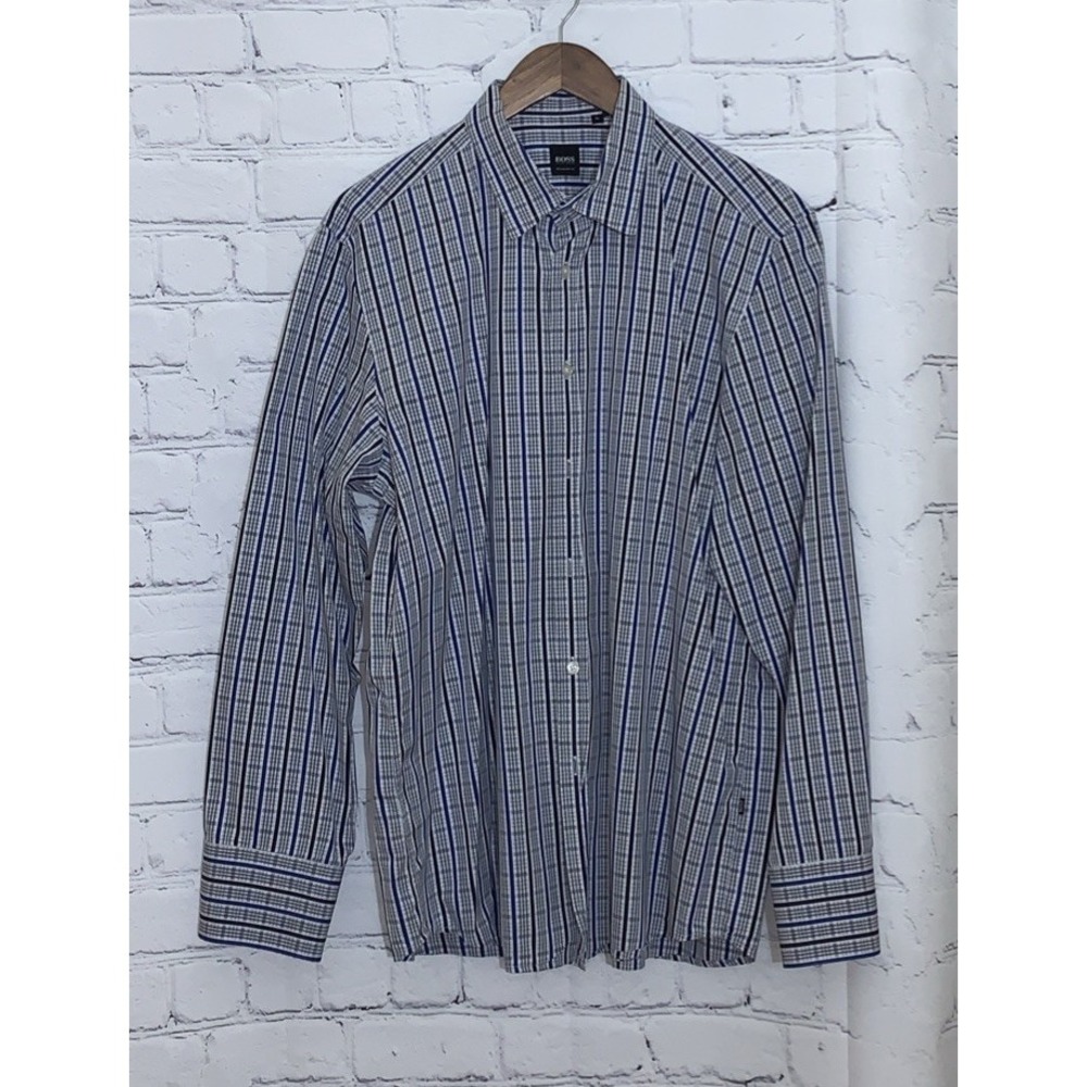 Hugo Boss Shirt Mens X-Large Regular Fit Blue Black White Stripe Long Sleeve